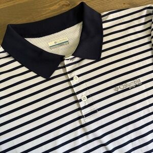 Columbia Men's XL White Navy Blue Stripe PFG Omni Shade Short‎ Sleeve Polo Shirt